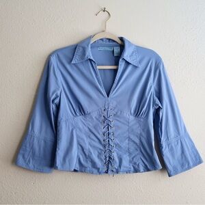 Vintage Y2K Andrew & Co Sky Blue Collard V-Neck Corset Style Blouse